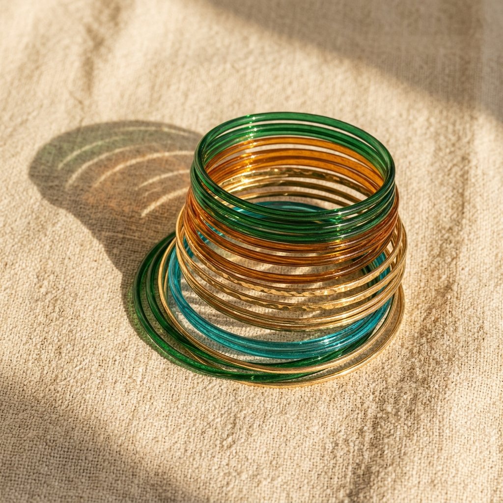 A minimalist editorial layout displaying stacked glass bangles in sapphire blue and amber on textured linen